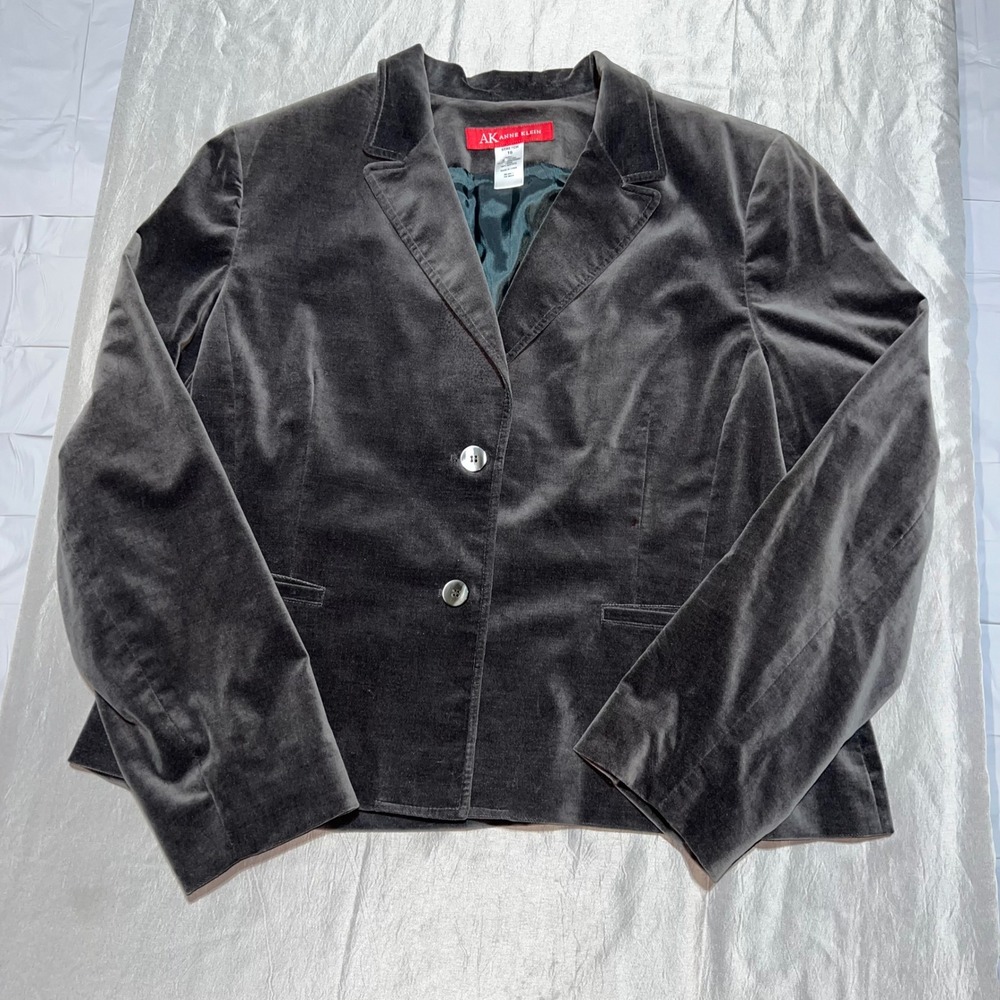 Anne Klein Gray Velvet Blazer Jacket Womens 16 Stretch Cotton Blend Two Button